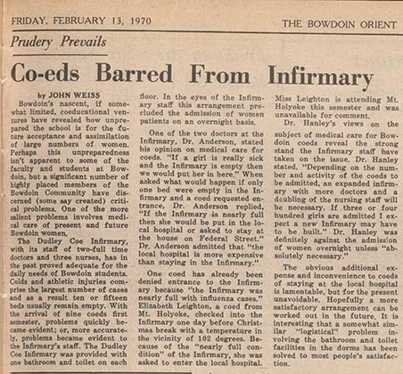 An Orient Article entitled "Co-eds Barred from Infirmary"