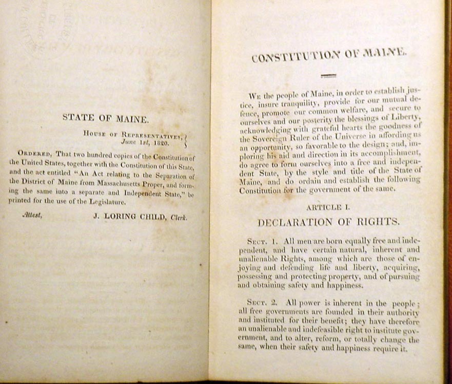 Maine (Constitutional Convention), The Constitution of the State of Maine, and that of the United States. Portland, [Me.]: Printed by Francis Douglas, 1820.