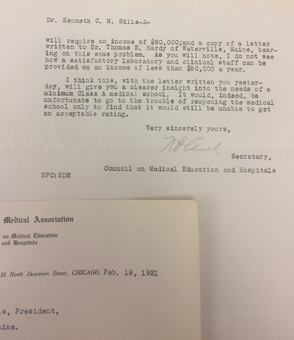 American Medical Association to Kenneth C.M. Sills, December 3, 1920 and February 21, 1921. Kenneth C.M. Sills Administrative Records, Bowdoin College Archives.