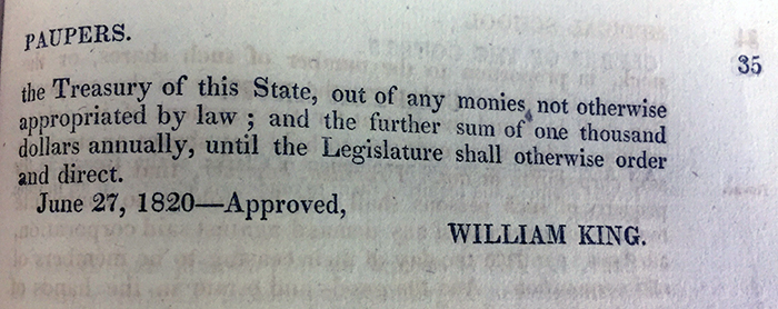 “Laws of the State of Maine: passed by the Legislature, at its session, which commenced on Wednesday, the thirty-first day of May, and ended on the twenty-eighth day of June, A.D. 1820.” Portland [ME]: Francis Douglas, printer to the State, 1820.