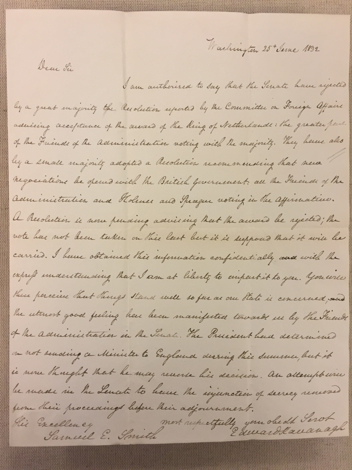 Edward Kavanagh to Samuel E. Smith, June 25, 1832.