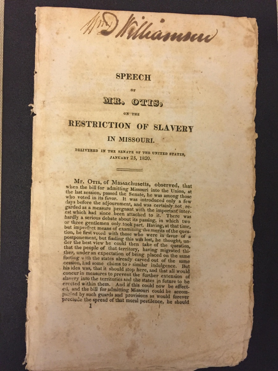 Harrison Gray Otis’s Speech of Mr. Otis, on the restriction of slavery in Missouri: delivered in the Senate of the United States, January 25, 1820. [Washington, D.C., circa 1820].