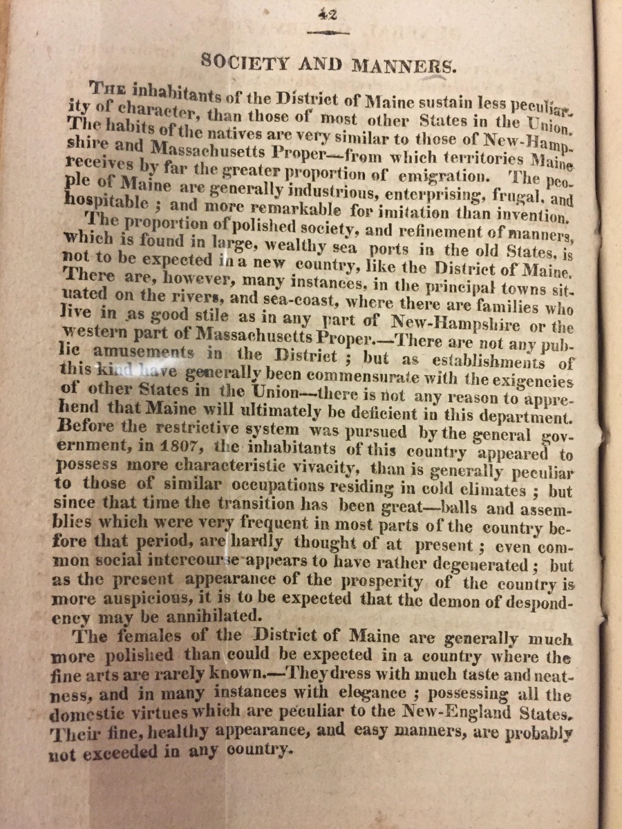 Joseph Whipple’s A Geographical View of the District of Maine, with particular reference to its internal resources, including the history of Acadia, Penobscot river and bay, with statistical tables, shewing the comparative progress of the population of Maine with each state in the union. Bangor: Peter Edes, 1816.